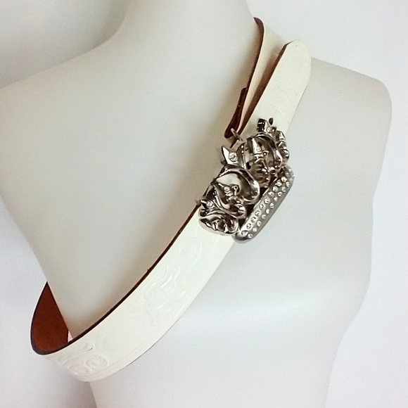 VINTAGE WHITE HAND TOOLED LEATHER CROWN BUCKLE BELT - Picture 6 of 6